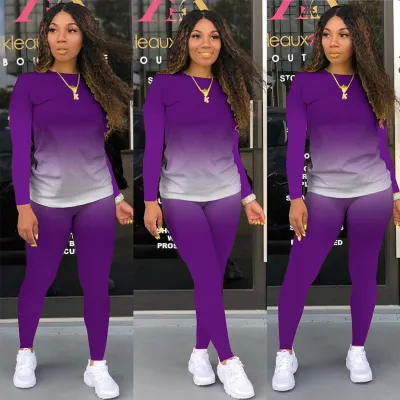 Casual Autumn Women Gradient Color Long Sleeve T-Shirt Pants Two-Piece Set