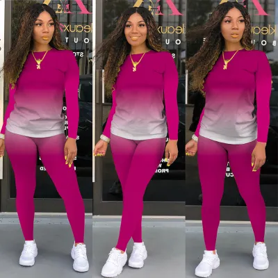 Casual Autumn Women Gradient Color Long Sleeve T-Shirt Pants Two-Piece Set
