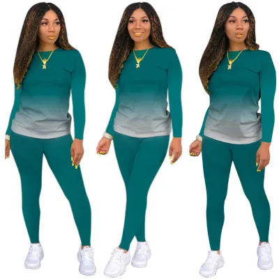 Casual Autumn Women Gradient Color Long Sleeve T-Shirt Pants Two-Piece Set