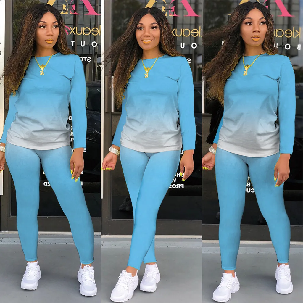 Casual Autumn Women Gradient Color Long Sleeve T-Shirt Pants Two-Piece Set