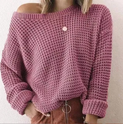 Autumn Winter Women Solid Color Loose Fit Round Neck Long Sleeve Pullover Sweater