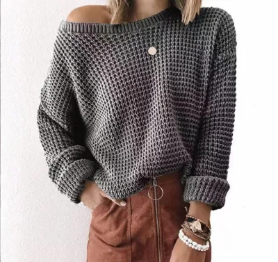 Autumn Winter Women Solid Color Loose Fit Round Neck Long Sleeve Pullover Sweater