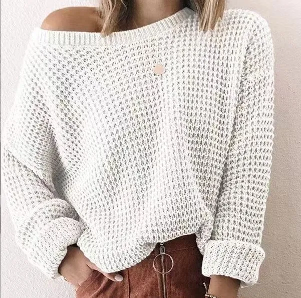 Autumn Winter Women Solid Color Loose Fit Round Neck Long Sleeve Pullover Sweater