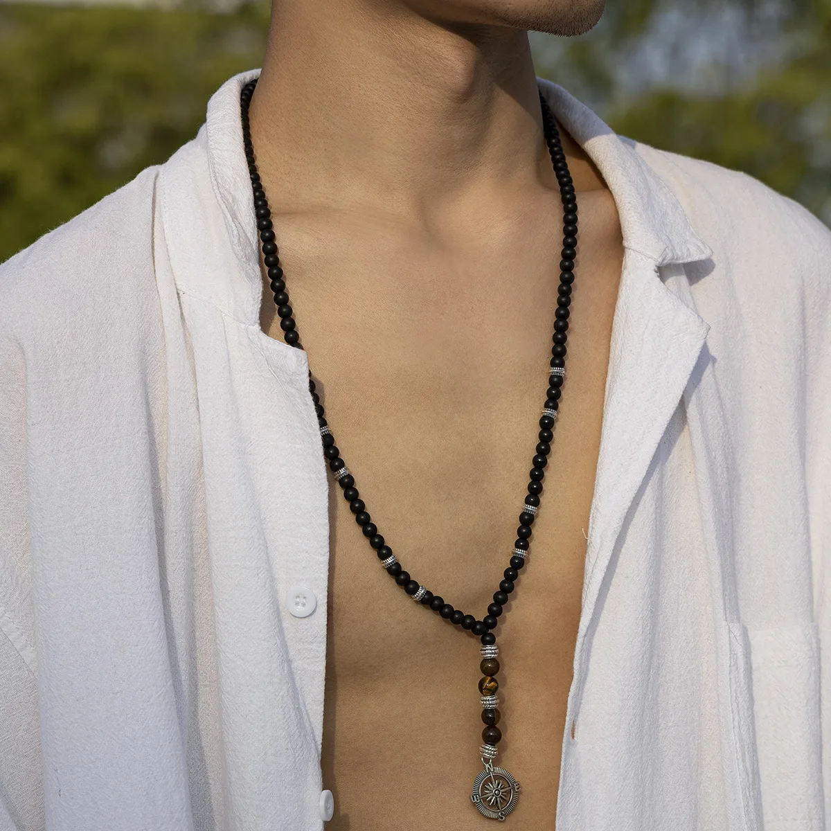 Men Fashion Casual Tiger Stone Compasses Pendant Beaded Necklace