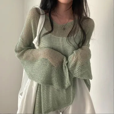 Women Fashion Solid Color Loose Hollow Long Sleeve Knitted Top