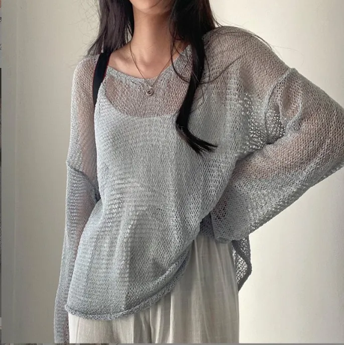 Women Fashion Solid Color Loose Hollow Long Sleeve Knitted Top