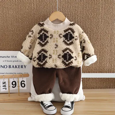 Kids Toddler Boys Autumn Winter Fashion Casual Corduroy Fleece Long Sleeve Sweatshirts Trousers Sets