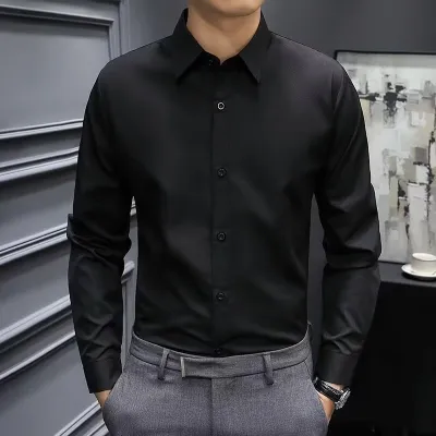 Men's Light Business Solid Color Long Sleeve Dress Shirts Slim Fit Cotton Blend
