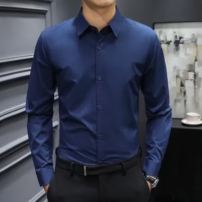Men's Light Business Solid Color Long Sleeve Dress Shirts Slim Fit Cotton Blend