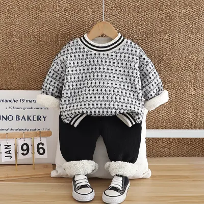 Kids Toddler Boys Autumn Winter Casual Tiny Flower Fleece Long Sleeve Sweatshirt and Trousers Set