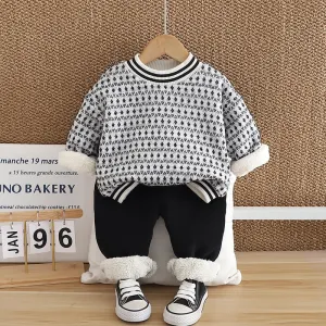 Kids Toddler Boys Autumn Winter Casual Tiny Flower Fleece Long Sleeve Sweatshirt and Trousers Set