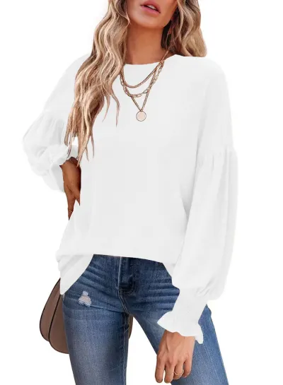 Women Casual Wool Plush T-Shirt Long Sleeve Round Neck Loose Fit Solid Color
