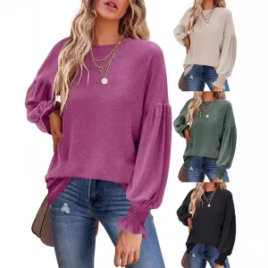 Women Casual Wool Plush T-Shirt Long Sleeve Round Neck Loose Fit Solid Color