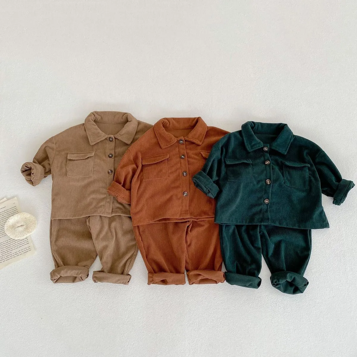 Kids Toddler Boys Casual Solid Color Corduroy Long Sleeve Lapel Shacket Pants Sets (3-14T)