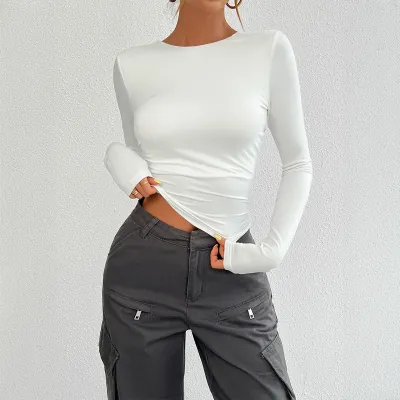 Women Casual Backless Crewneck Long Sleeve T-Shirt
