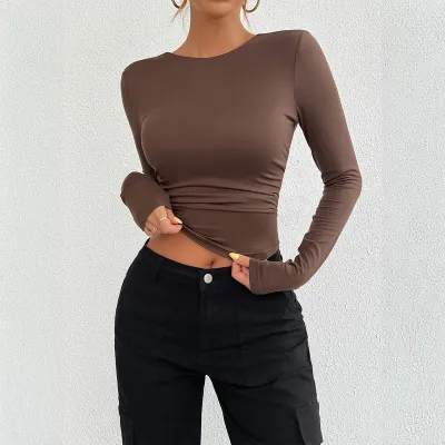 Women Casual Backless Crewneck Long Sleeve T-Shirt