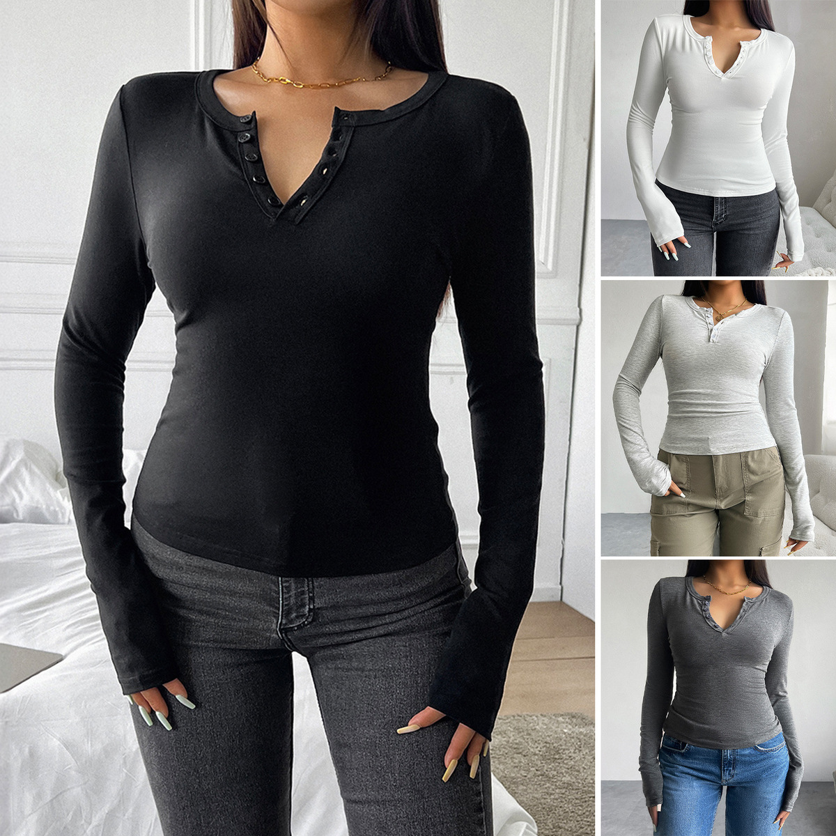 Wholesale Women Casual Simple V-Neck Button Long Sleeve