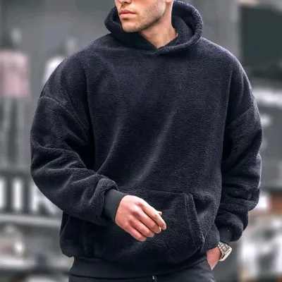 Men Fall Winter Casual Solid Color Fleece Long Sleeve Sports Hoodie
