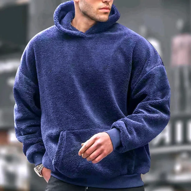 Men Fall Winter Casual Solid Color Fleece Long Sleeve Sports Hoodie