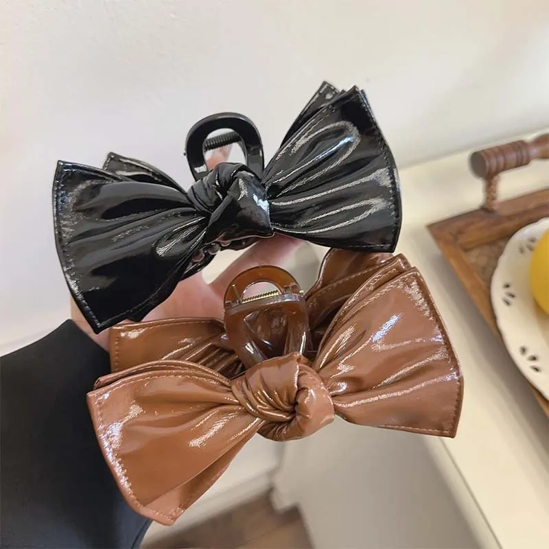 Women Fashion Vintage Faux Leather Large Double Layer Bow Hair Claws