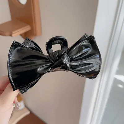 Women Fashion Vintage Faux Leather Large Double Layer Bow Hair Claws
