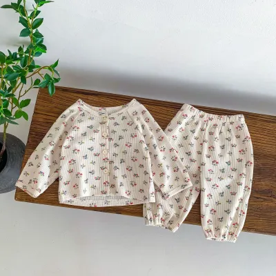 Kids Baby Girls Casual Cute Tiny Flower Print Long Sleeve Top Trousers Cotton Set