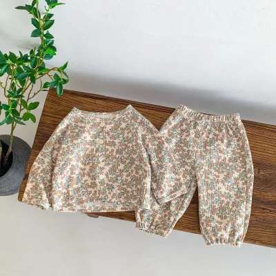 Kids Baby Girls Casual Cute Tiny Flower Print Long Sleeve Top Trousers Cotton Set