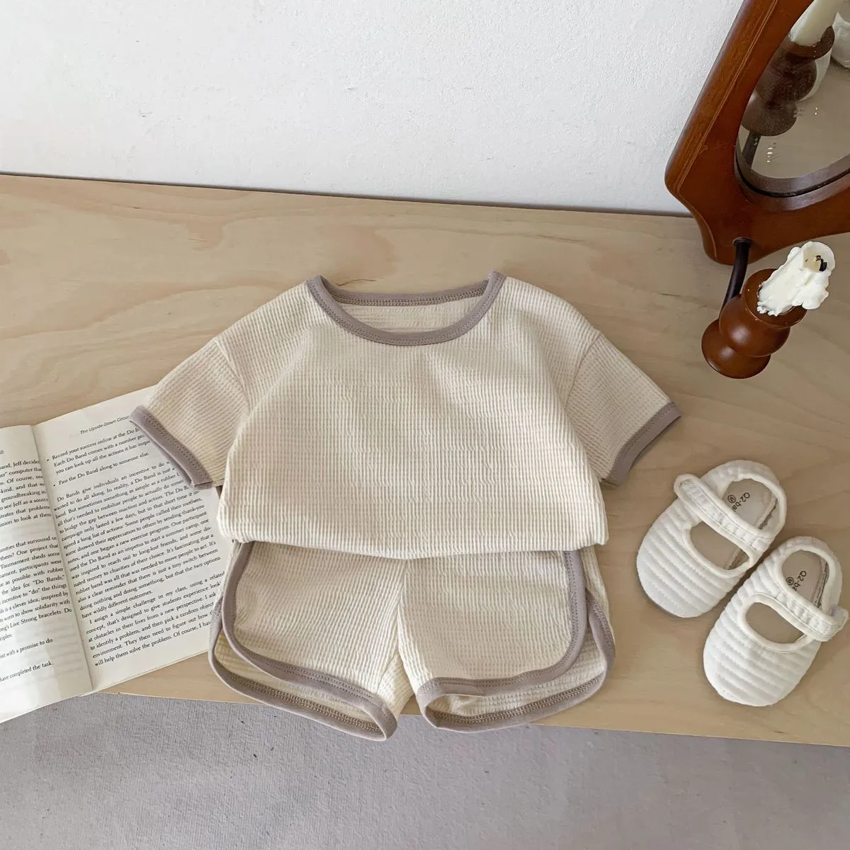 Kids Baby Boys Girls Casual Cute Waffle Short Sleeve T-Shirt and Shorts Set