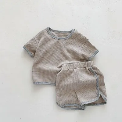 Kids Baby Boys Girls Casual Cute Waffle Short Sleeve T-Shirt and Shorts Set