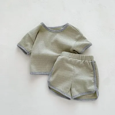 Kids Baby Boys Girls Casual Cute Waffle Short Sleeve T-Shirt and Shorts Set