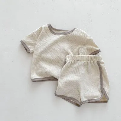 Kids Baby Boys Girls Casual Cute Waffle Short Sleeve T-Shirt and Shorts Set