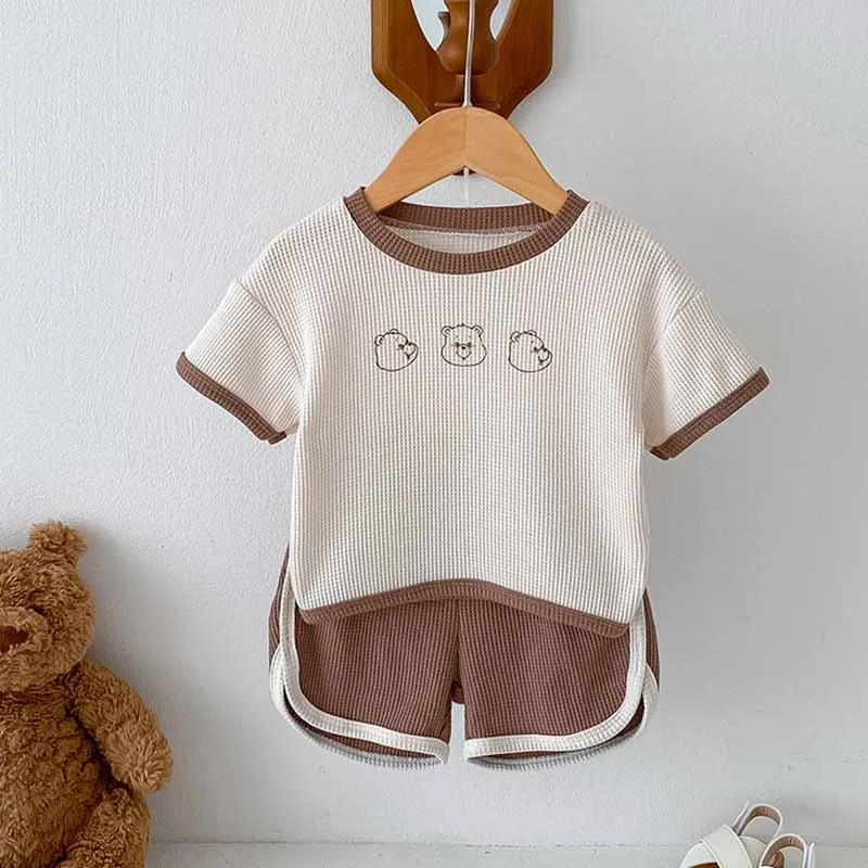 Baby Boys Girls Casual Cute Cartoon Print Waffle Short Sleeve T-Shirt Shorts Sets