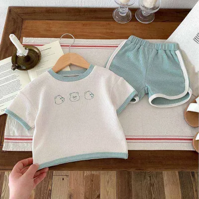 Baby Boys Girls Casual Cute Cartoon Print Waffle Short Sleeve T-Shirt Shorts Sets