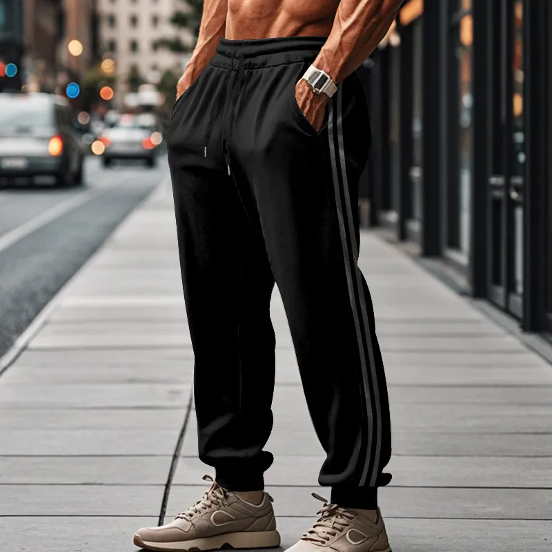 Men Casual Sport Basic Stripe Drawstring Waist Pants