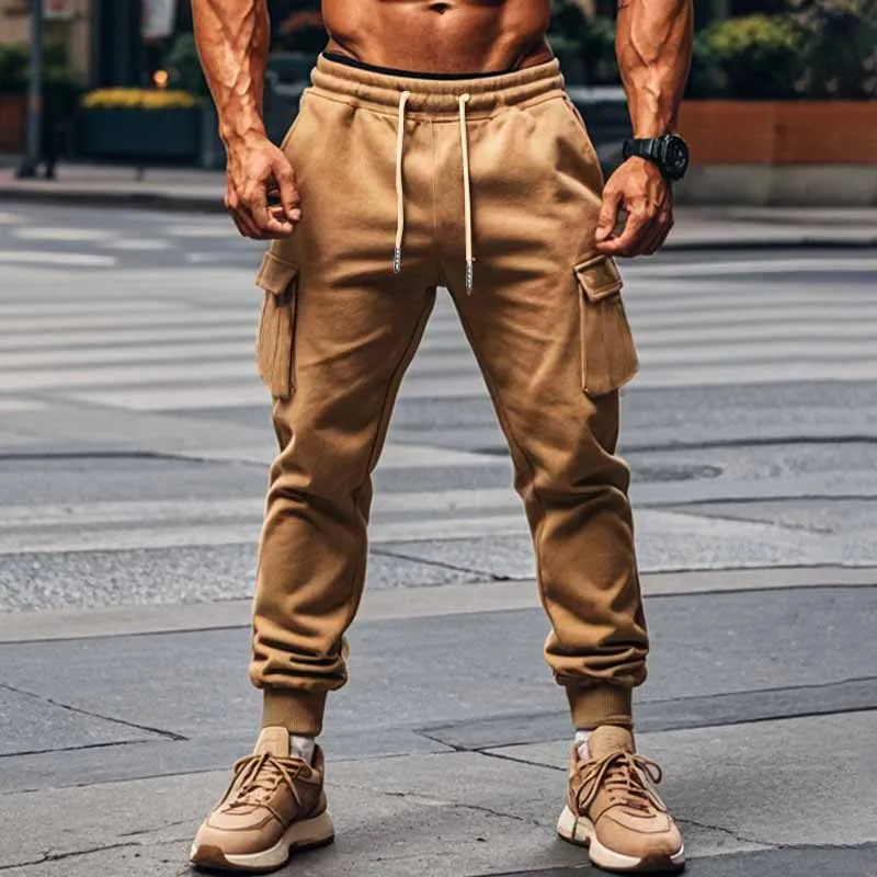 Men Winter Fashion Casual Solid Color Fleece Drawstring Waist Cargo Pants