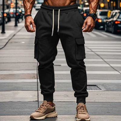 Men Winter Fashion Casual Solid Color Fleece Drawstring Waist Cargo Pants