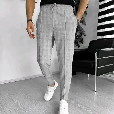 Men Fashion Casual Basic Solid Color Waffe Drawstring Waist Pants