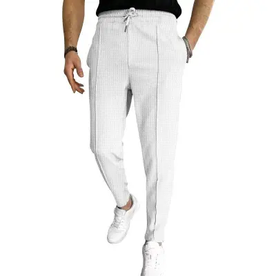 Men Fashion Casual Basic Solid Color Waffe Drawstring Waist Pants