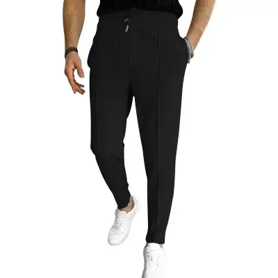 Men Fashion Casual Basic Solid Color Waffe Drawstring Waist Pants