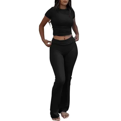 Summer Women Solid Color Round Neck Short-Sleeved Crop T-Shirt Low Waist Pants Two-Piece Set