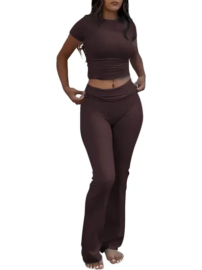 Summer Women Solid Color Round Neck Short-Sleeved Crop T-Shirt Low Waist Pants Two-Piece Set