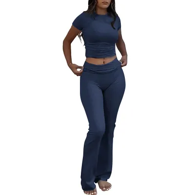 Summer Women Solid Color Round Neck Short-Sleeved Crop T-Shirt Low Waist Pants Two-Piece Set