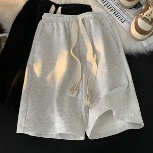 Men Simple Casual Solid Color Loose Drawstring Cotton Bermuda Shorts