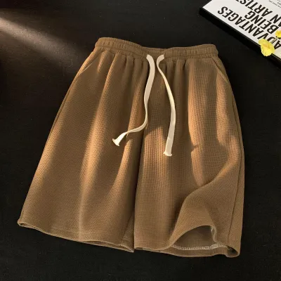 Men Casual Loose Drawstring Waffe Shorts Bermuda Polyester