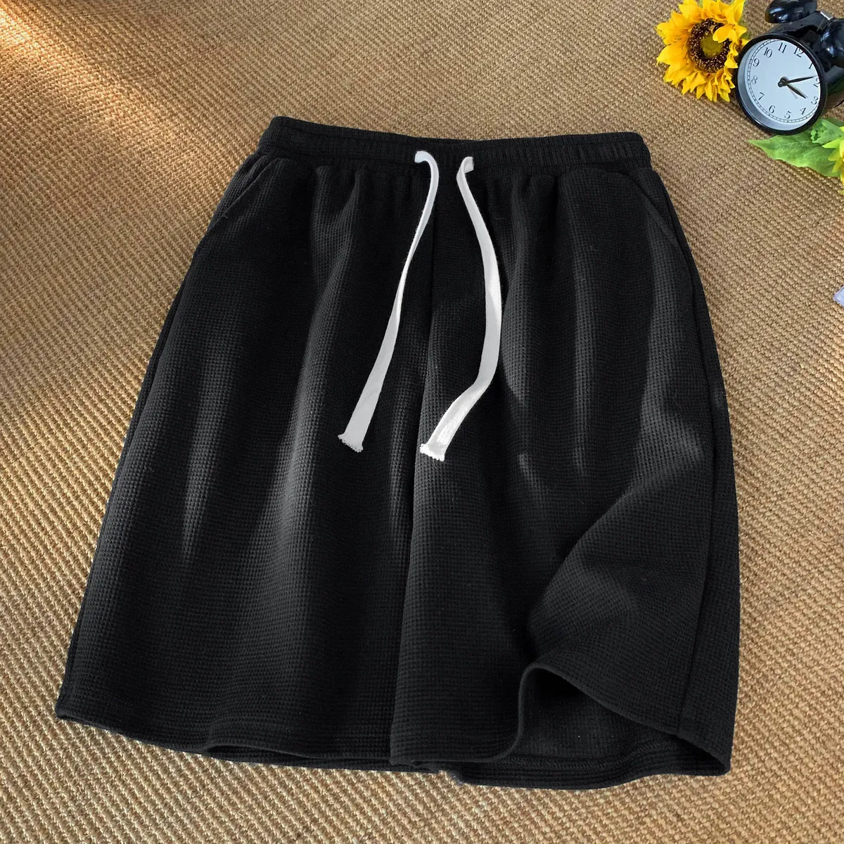 Men Casual Loose Drawstring Waffe Shorts Bermuda Polyester