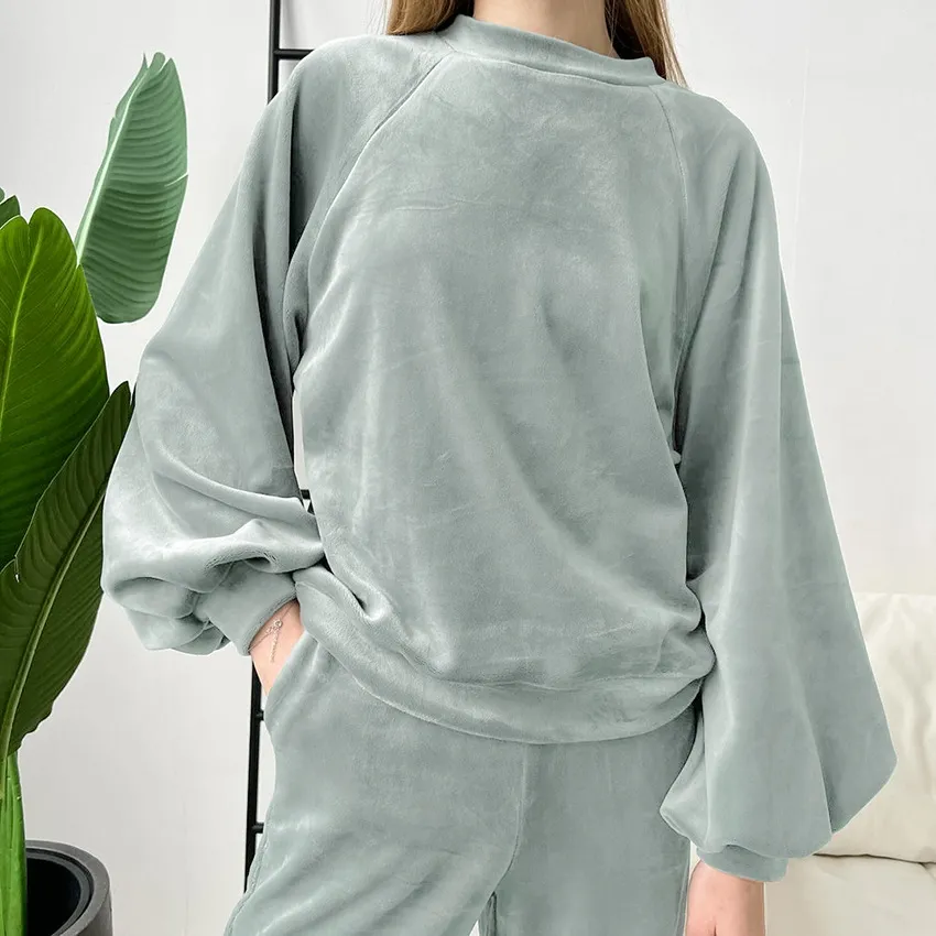 Autumn Winter Women Loose Fit Long Sleeve Warm Home Pajamas Set