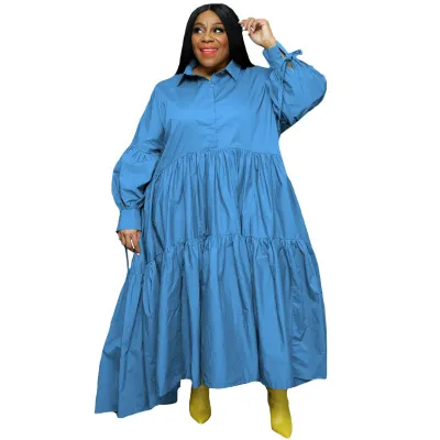 Women Fashion Solid Color Loose Plus Size Lapel Long Sleeve Strap Dress