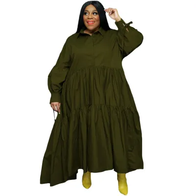 Women Fashion Solid Color Loose Plus Size Lapel Long Sleeve Strap Dress