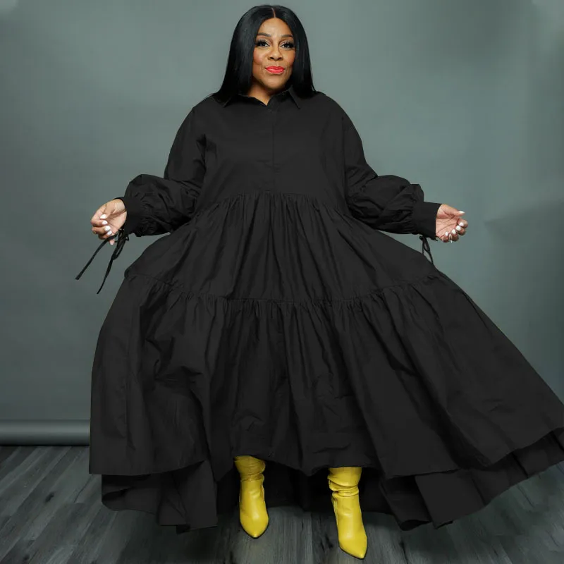 Women Fashion Solid Color Loose Plus Size Lapel Long Sleeve Strap Dress