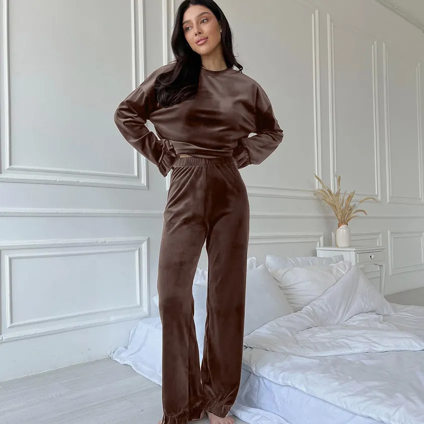 Autumn Winter Women Fashion Solid Color Round Neck Long Sleeve Pullover Top Pants Home Pajamas Set